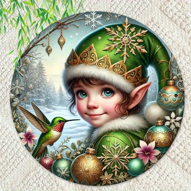 Rundes Metallschild HELLOYOUNG Weihnachtself und Kolibri in Vintage-Optik als Wanddekoration, Durchmesser: 20 cm, Mehrfarbig - Bild 1