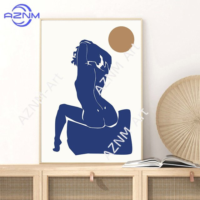 Potdemiel Blue Leaf Girl Line Geometry Wandkunst, abstraktes Matisse-Bauhaus Leinwandgemälde in Blau für deine Wohnzimmerdekoration - Bild 1