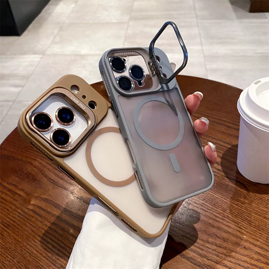 Magnetische transparente Handyhülle mit Kamerarahmen-Ständer und Len-Folie für Apple iPhone 11 bis 17 Pro Max in Orange und Transparent - Bild 1
