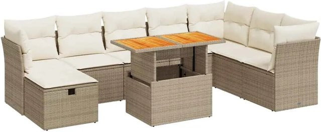 vidaXL 9-tlg Garten-Sofagarnitur in U-Form aus Polyrattan und Akazie mit Kissen in Beige - Bild 1