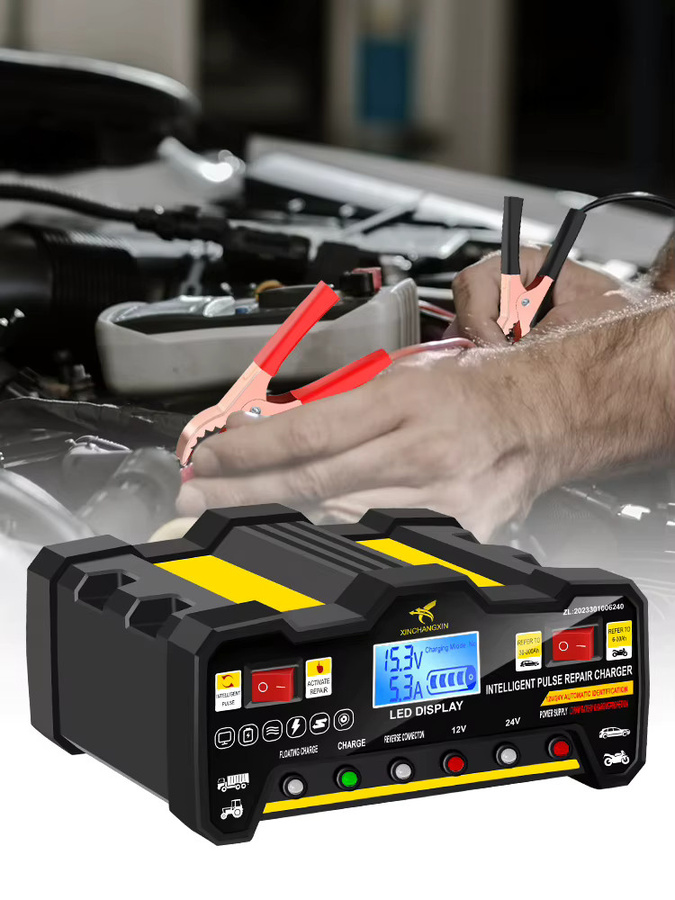 Intelligentes vollautomatisches Autobatterie-Ladegerät mit LCD-Display und Puls-Reparaturfunktion für Nass- und Trockenblei-Säure-Batterien, 220W, Schwarz - Bild 4