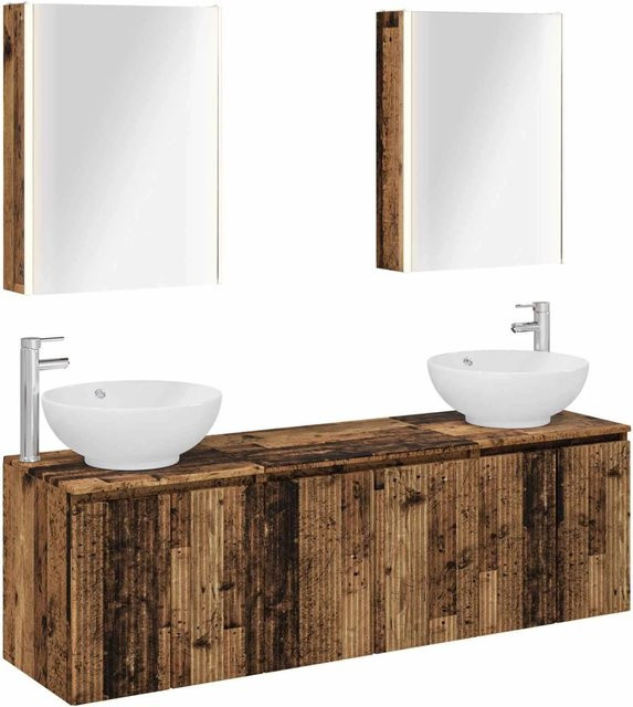 vidaXL Badezimmerschrank-Set 5-teilig in Braun, modern mit LED-Beleuchtung und Spiegelschrank aus Holzwerkstoff - Bild 1