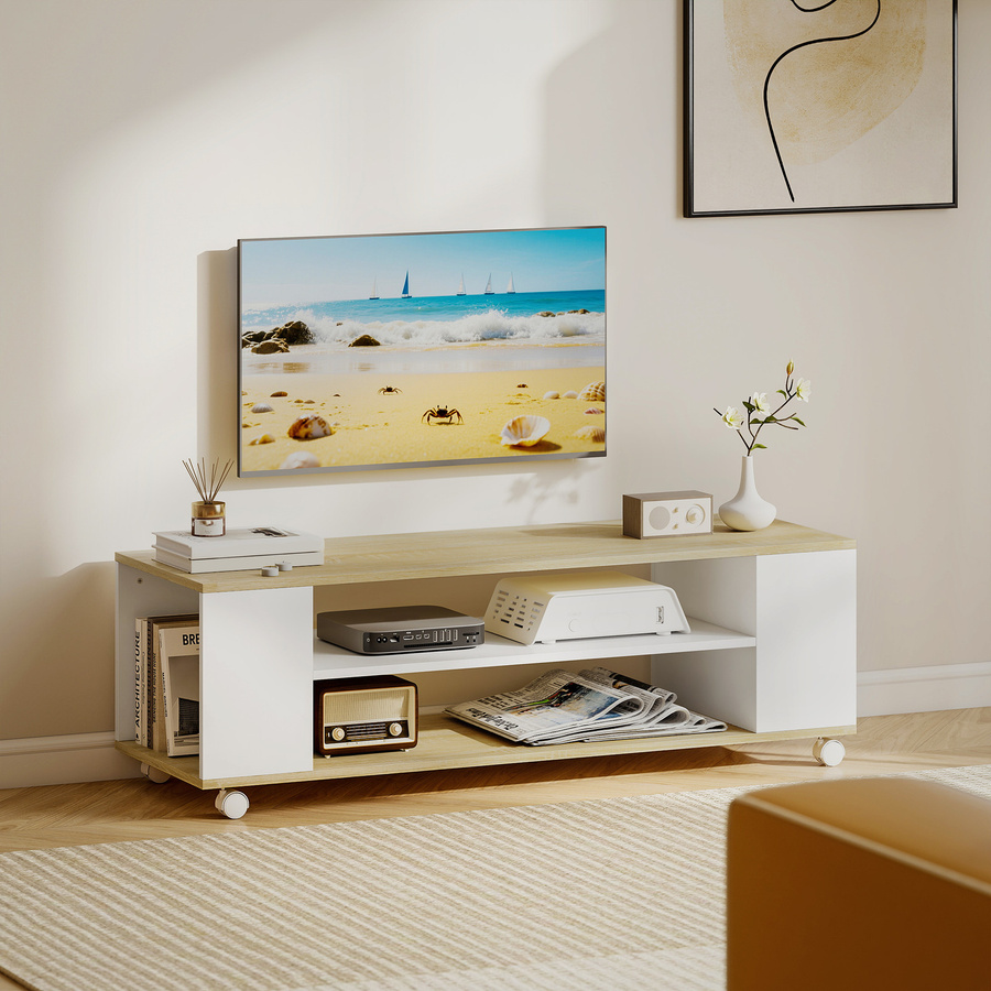 HOMCOM TV-Schrank Lowboard mit Rollen in Weiß und Natur, moderner Fernsehtisch mit 2 offenen Fächern für TV-Geräte bis 55 Zoll, B/T/H: 120 x 40 x 38,5 cm - Bild 2