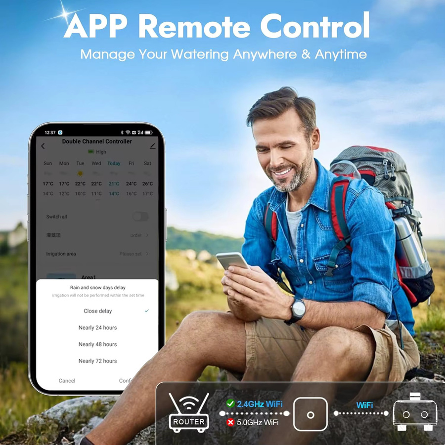 Tuya Smart Gartenbewässerungstimer mit 2 Ausgängen, drahtloser WiFi-Bewässerungsregler für automatische Tropfbewässerung, kompatibel mit der Tuya App, Schwarz/Grau - Bild 5
