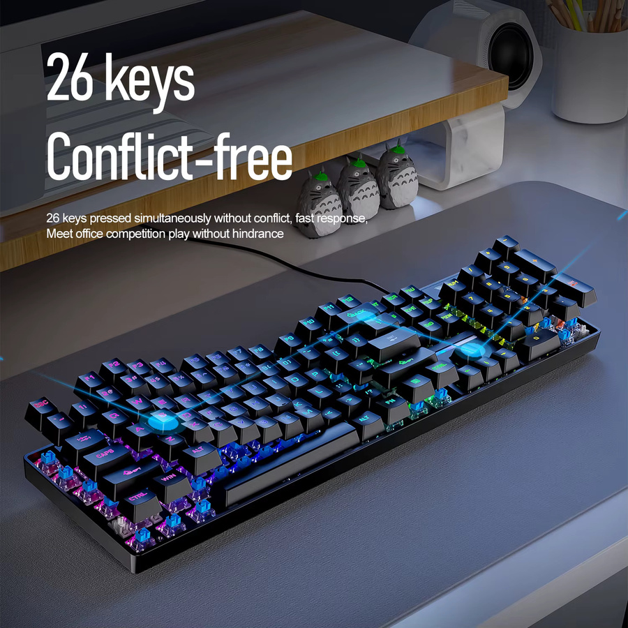SMAILWOLF SK18 Mechanische Gaming-Tastatur mit grüner Achse, kabelgebunden, 104 Tasten, Schwarz - Bild 3