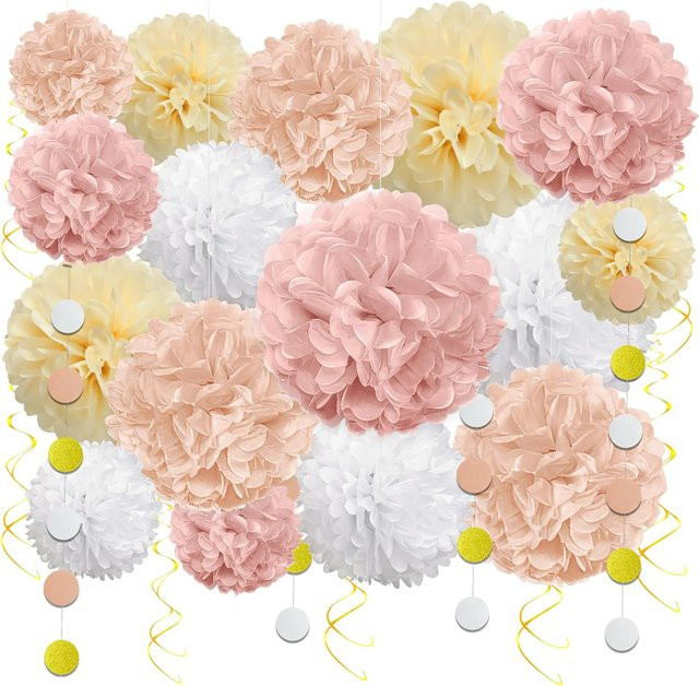 23-teiliges Party-Dekorationsset aus Seidenpapier mit Pompons, Kreis-Punkt-Banner und hängenden Wirbeln in Beige, Pink und Weiß für Hochzeit, Geburtstag oder Babyparty - Bild 1