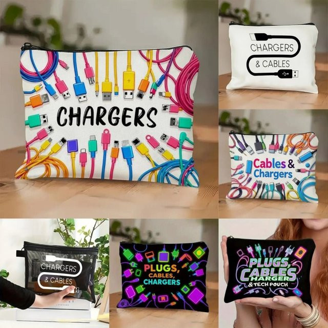 Aufbewahrungstasche aus Segeltuch mit bedrucktem Design als Kabel-Organizer und Elektronik-Tasche für Ladegeräte - Bild 1