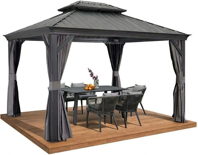 Purple Leaf Gartenpavillon Hardtop Gazebo mit Stahldach in Grau inklusive Vorhängen und Moskitonetzen - Bild 1