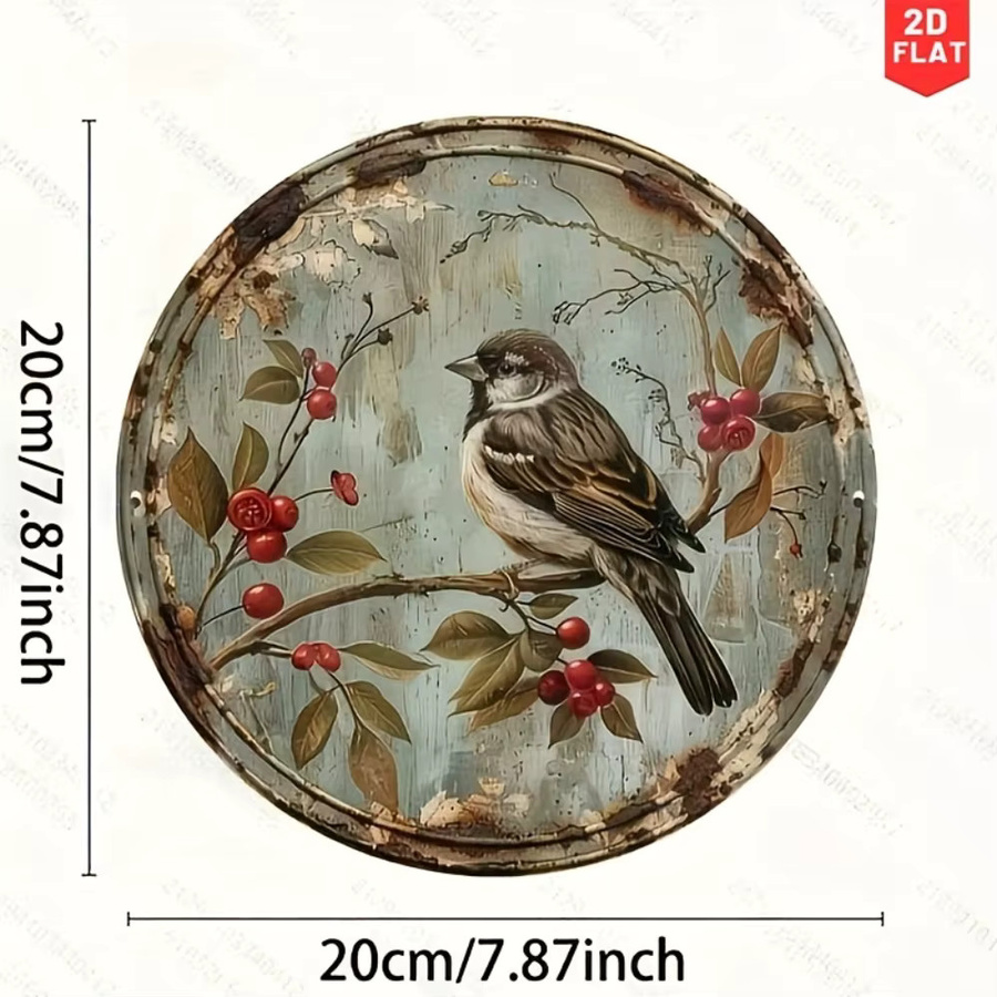 Potdemiel Vintage Bird & Cherry Rundes Metallschild aus Aluminium mit floralem Motiv, Durchmesser: 20 cm, Mehrfarbig - Bild 3