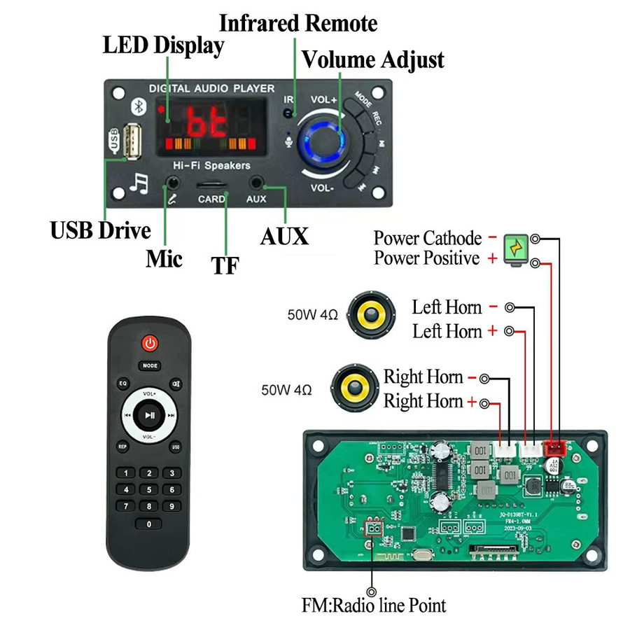 KEBIDU 100W Bluetooth 5.0 MP3 Decoder Board mit LED-Bildschirm, FM, USB und Mikrofon, Schwarz - Bild 6