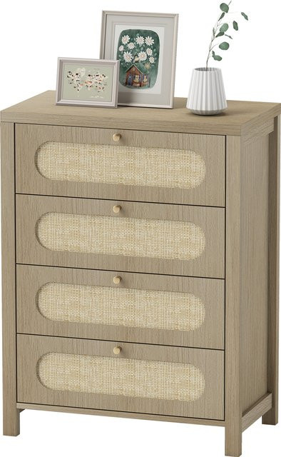 HOMCOM Kommode im Bohème-Stil mit 4 Schubladen und Türen aus geflochtenem Harz, Naturholzoptik, B/T/H: 70 x 38 x 93 cm - Bild 1