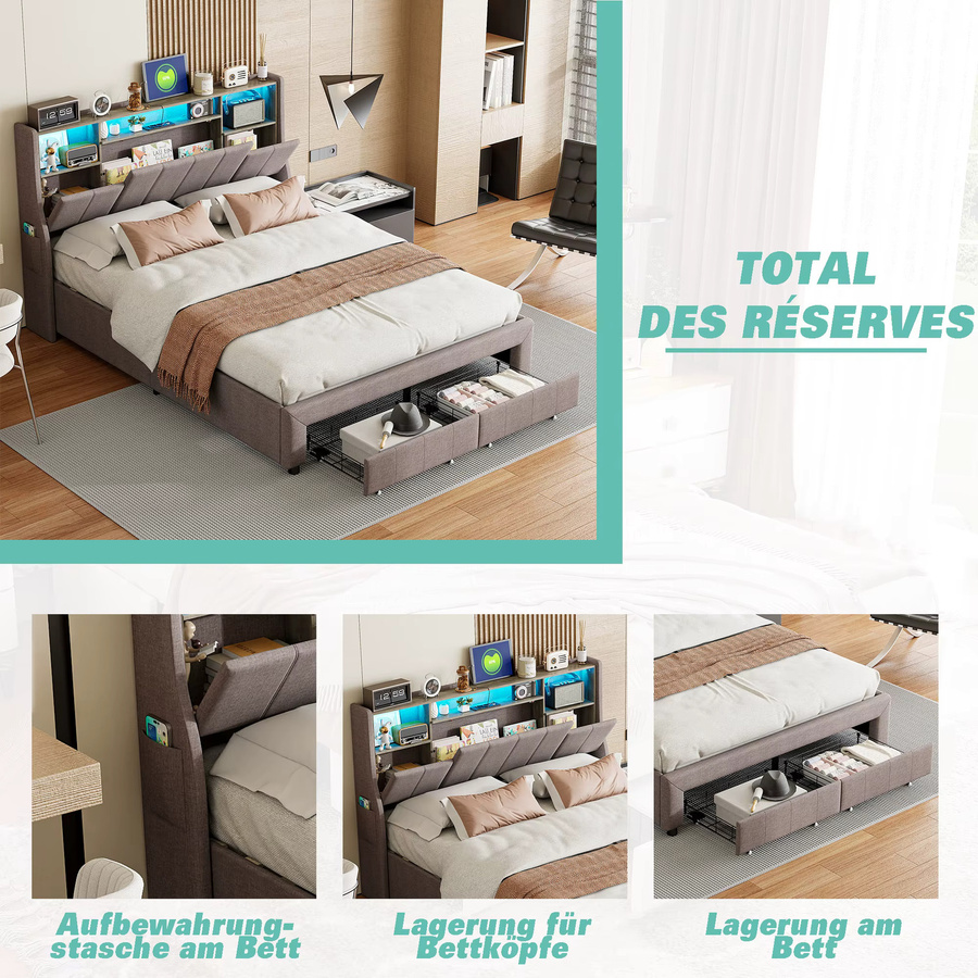 Superaly Polsterbett mit USB-Ladefunktion und LED-Beleuchtung in Grau, Jugendbett mit Stauraum und 2 Schubladen aus Leinen, B/T: 140 x 200 cm - Bild 6