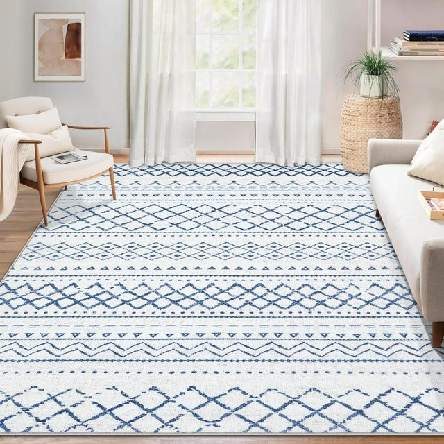 Moderner geometrischer Teppich aus Polyester in Weiß, wasserdicht und schmutzabweisend, B/T: 80 x 160 cm - Bild 1
