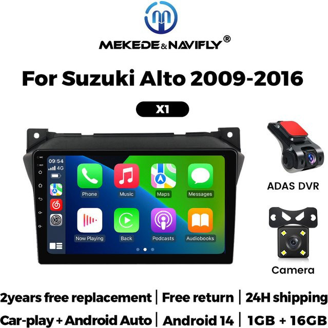 NaviTree Android 14 Auto Radio für Suzuki Alto 2009-2016 mit drahtlosem CarPlay, Multimedia Video Player, GPS, WiFi, Bluetooth und USB in Schwarz - Bild 1