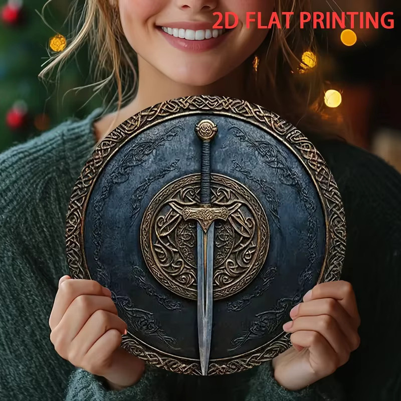 Potdemiel Wikinger-Schild-Wandkunst mit antikem Schwert, rundes dekoratives Metallschild in Schwarz, Durchmesser: 20 cm - Bild 2