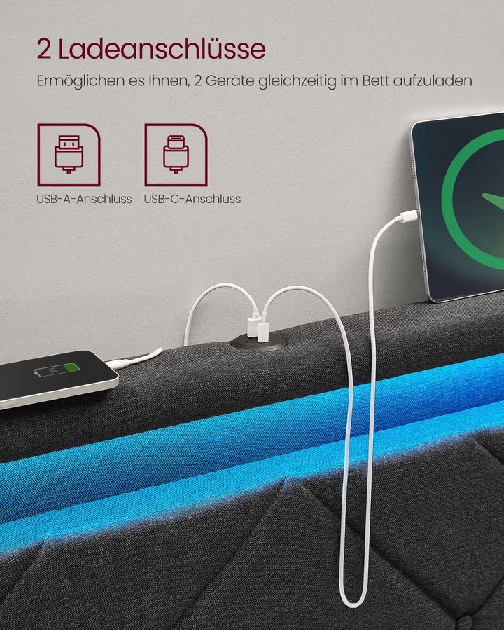 VASAGLE Polsterbett Dunkelgrau mit 4 Schubladen, LED und Ladestation, B/T: 90 x 200 cm - Bild 4