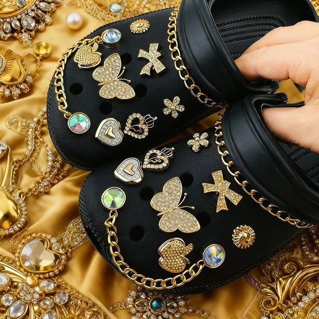 FHLDING Schuhcharms-Set, 18-teilig, goldene Kette, Diamant, Schmetterling, Blume - Bild 1