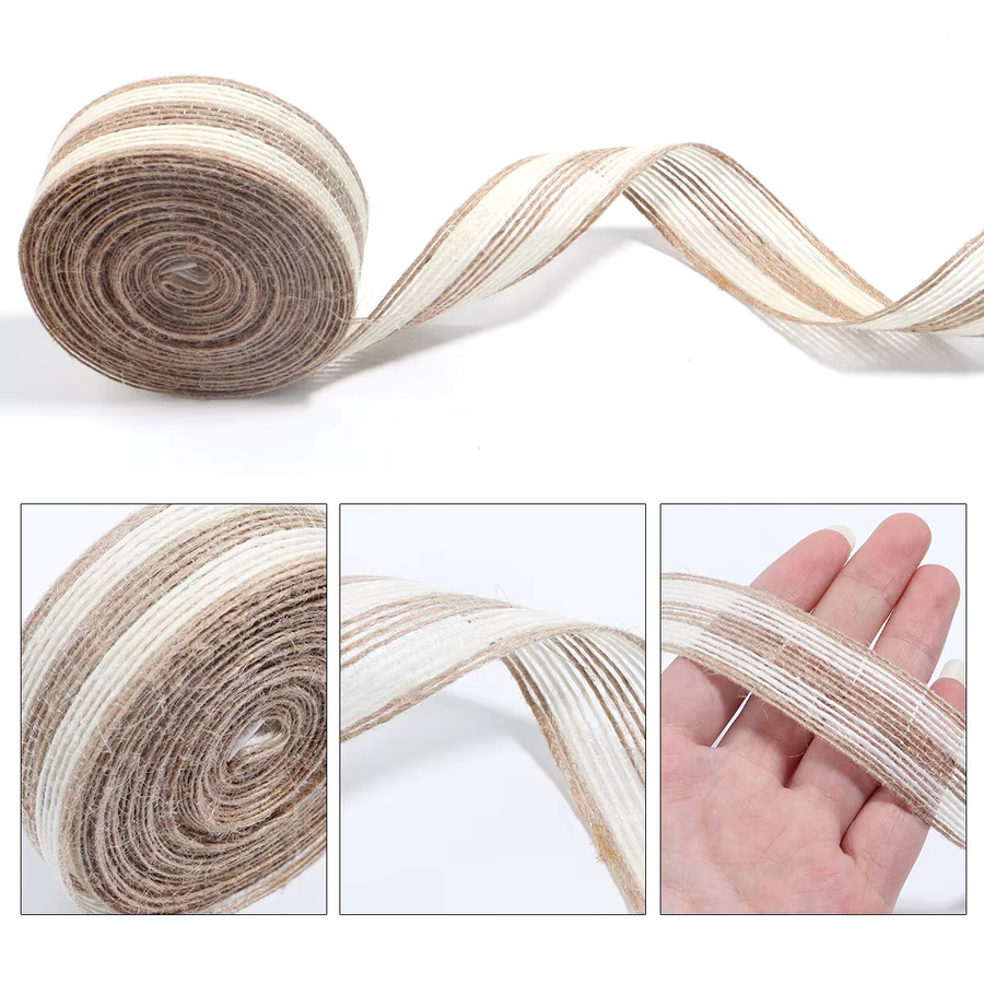 Natürliches flaches Leinenband mit weißen Streifen aus Hanf für DIY-Hochzeitsdeko und Geschenke verpackung in Weiß - Bild 2