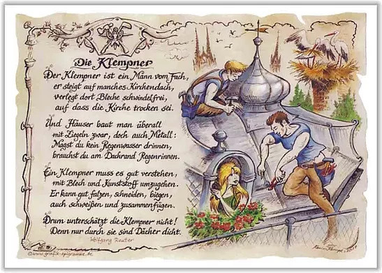 Vintage Zunftbild Klempner als Paper Poster auf Antikpapier, B/H: 21,0 x 29,7 cm, Mehrfarbig - Bild 1