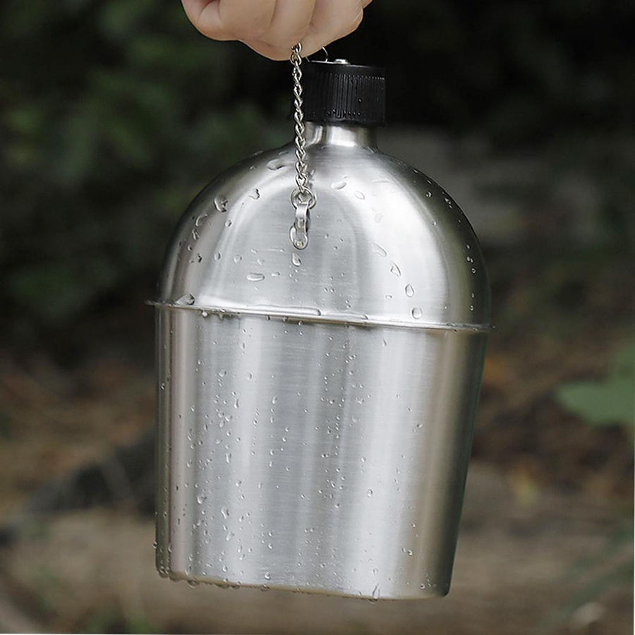 Edelstahl Militär Kantine Tassen Set mit Abdeckungstasche für Outdoor Camping und Wandern, 2 Stück, Silber und Grün, 1000 ml und 600 ml - Bild 4