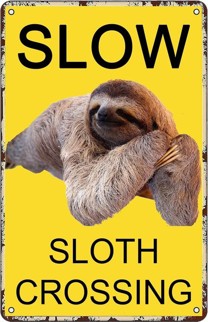 GYMSLAVE Warnschild Slow, Sloth Is Crossing aus Metall in Gelb, Wanddeko für Zuhause, Bar oder Café, B: 20,0 cm, H: 14,0 cm - Bild 1