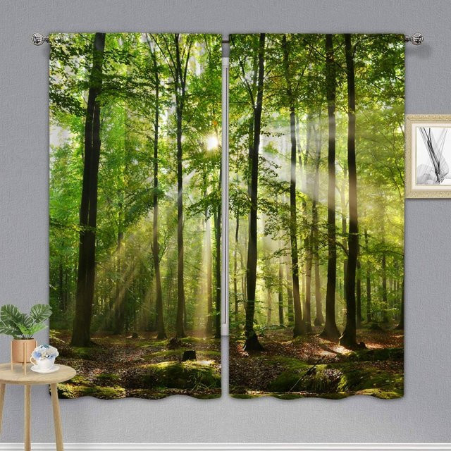 2-teiliges semi-transparentes Vorhangset von Yiran Furniture mit Herbstlandschaft und grünem Walddruck, Farbe: Grün, Breite: 60 cm, Höhe: 60 cm - Bild 1