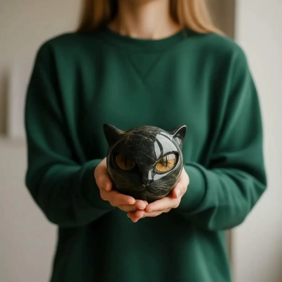 Handgeschnitzte Katzenkopfstatue von CrystalHola in Schwarz mit Marmorstruktur aus Kunstharz - Bild 3