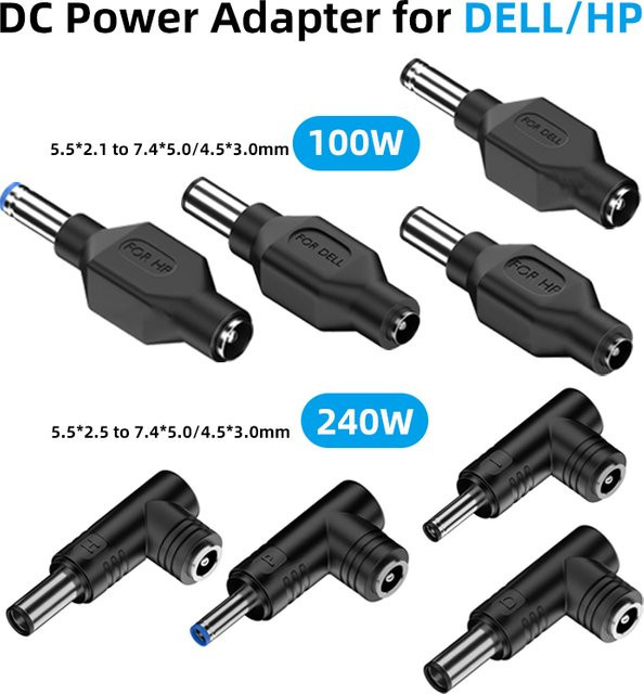 Geris Power DC-Netzteil Konverter Schwarz: Stecker 7,4 x 5,0 mm und 4,5 x 3,0 mm auf Buchse 5,5 x 2,1 mm und 2,5 mm für Dell und HP Laptop Ladegeräte - Bild 1