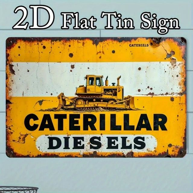 Vintage Caterpillar Blechschild mit Bulldozer-Illustration in Gelb und Schwarz als Wandkunst - Bild 1