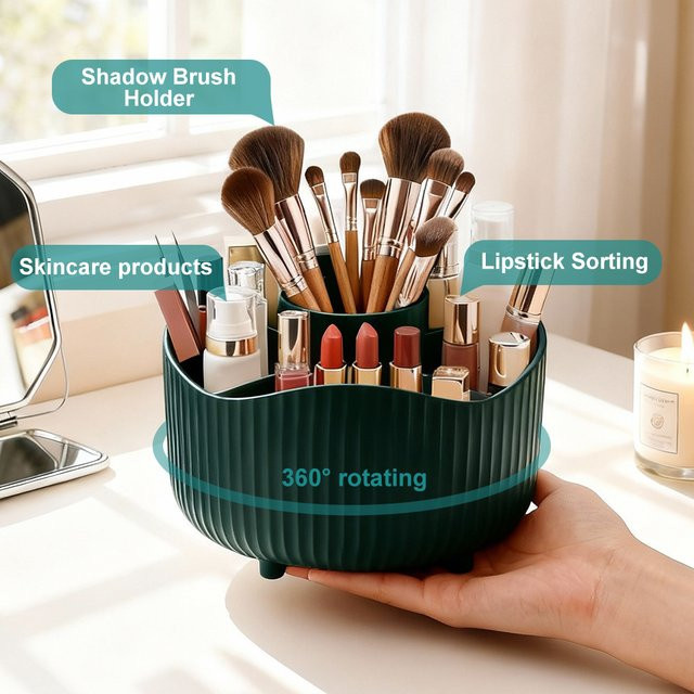 RUNTOIN 360 Grad drehbare Make-up-Aufbewahrungsbox in Grün aus Kunststoff als Kosmetikorganizer für Pinsel, Lippenstift und Schmuck - Bild 1