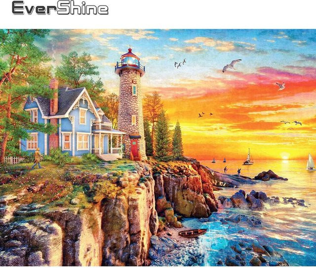 Evershine Diamantmalerei Landschaft mit Leuchtturm und Meer als runde Mosaik-Stickerei - Bild 1