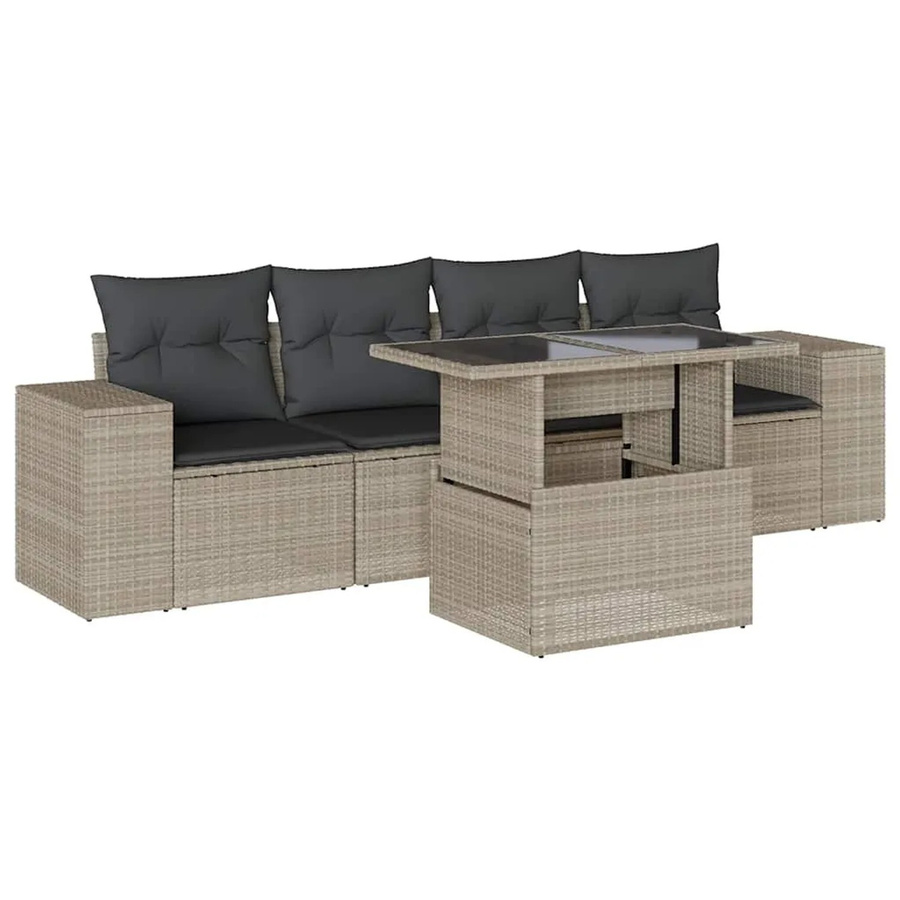 vidaXL 5-teilige Garten-Sofagarnitur aus Polyrattan in Hellgrau mit Tisch und Kissen - Bild 2