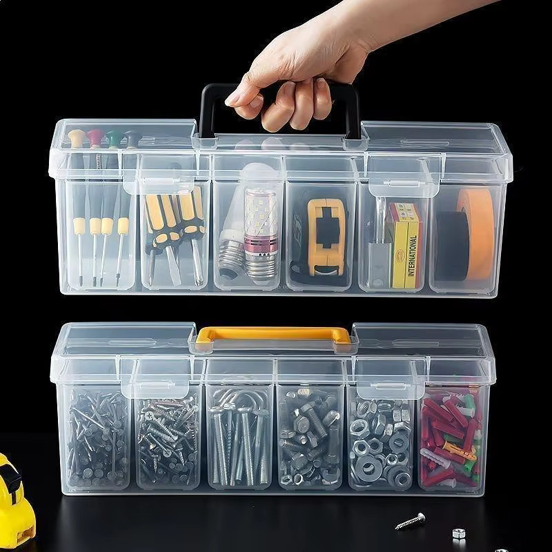 HUXUAN Mehrkammer-Werkzeug-Aufbewahrungsbox aus Kunststoff, transparenter Kleinteile-Organizer für Schrauben und Zubehör, B/T/H: 24,0 x 9,1 x 6,0 cm - Bild 3