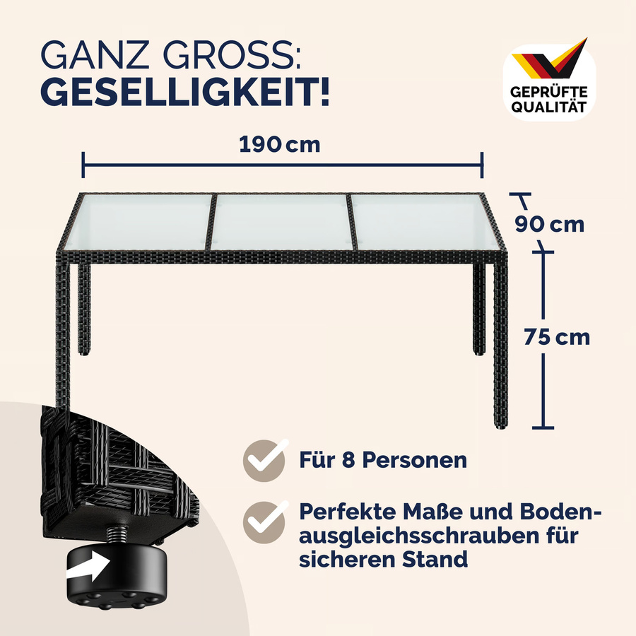 CASARIA® Polyrattan Gartentisch mit Glasplatte in Schwarz, B/T/H: 190 x 90 x 75 cm - Bild 2