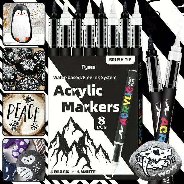 8-teiliges Haile Acrylmarker-Set in Schwarz und Weiß mit Pinselspitze für Illustrationen, Skizzen sowie Holz und Glas - Bild 1