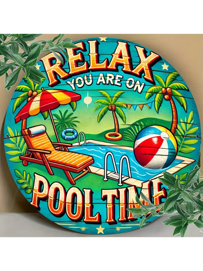 Bacchus-Fire Rundes Metall-Wandschild Relax On Pool Time Mandala mit Palm-Cocktail-Motiven, Mehrfarbig, Durchmesser: 20 cm - Bild 3