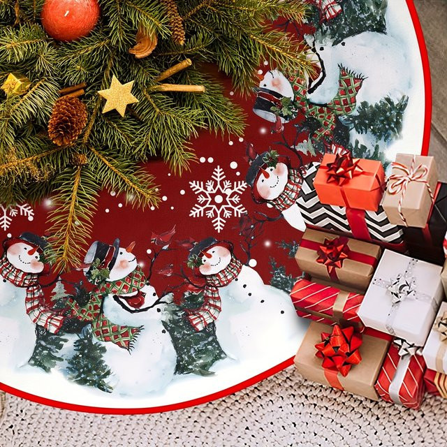 VIKAMA Weihnachtsbaumkleid mit Schneemann-Aufdruck in Rot und Weiß, gepolsterte Weihnachtsdekoration - Bild 1