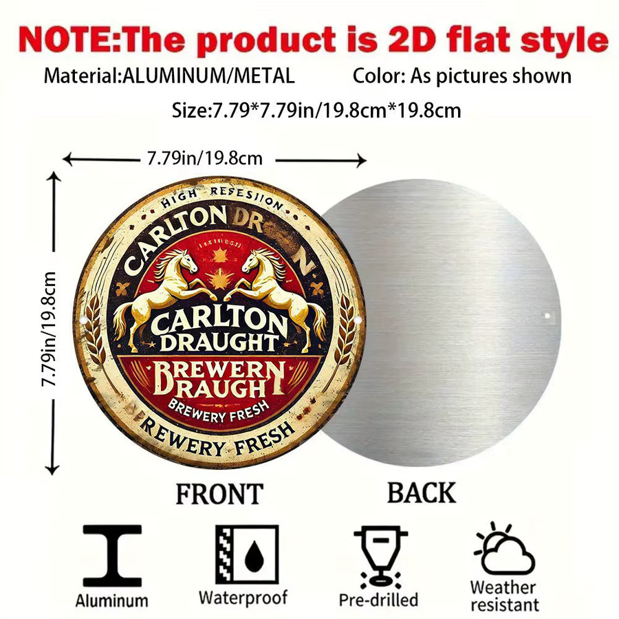 Vintage Carlton Draft Brewery Metallblechschild Potdemiel – Runde Aluminium-Wanddekoration mit goldenen Pferden in Rot, Gelb und Gold, Durchmesser: 20 cm - Bild 3