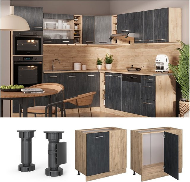 Vicco Eckunterschrank R-Line in Schwarz Beton und Eiche mit Goldakzenten, Höhe: 86 cm - Bild 3