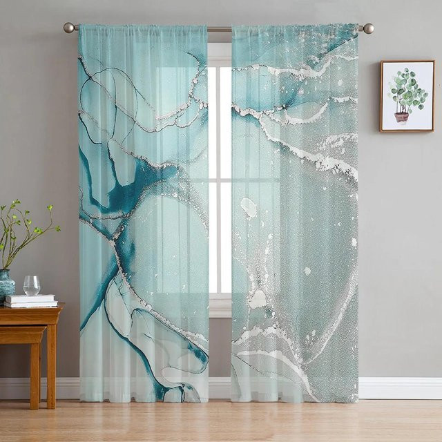 Yiran Furniture Transparente Vorhänge mit Marmor Muster in Blau, Tüll Voile Organza für Wohnzimmer und Küche, Breite: 135 cm, Höhe: 185 cm - Bild 1