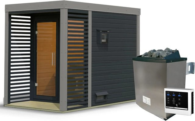 Karibu Saunahaus Seros Blockbau aus Fichte und Espe mit 9 kW externem Ofen in Anthrazit und Graualuminium - Bild 1