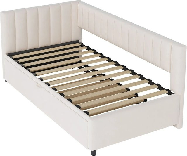 KOMHTOM L-förmiges Schlafsofa mit Ausziehbett in Beige aus Samtstoff für Kinder oder Gäste, B/T/H: 90 x 200 x 75 cm - Bild 1