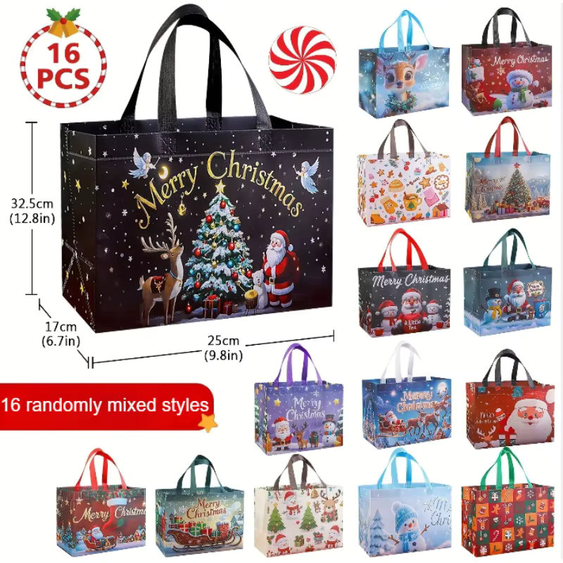 16 wiederverwendbare Weihnachtsgeschenktüten aus Papier mit Griffen in Multicolour, Designs mit Weihnachtsmann, Schneemann und Weihnachtsbaum für deine Weihnachtsfeiern - Bild 2