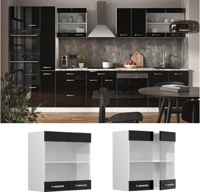 Vicco R-Line Glashängeschrank für die Küche in Weiß und Schwarz mit Glastüren und Einlegeböden, Breite: 60 cm, Höhe: 60 cm, Tiefe: 31 cm - Bild 1