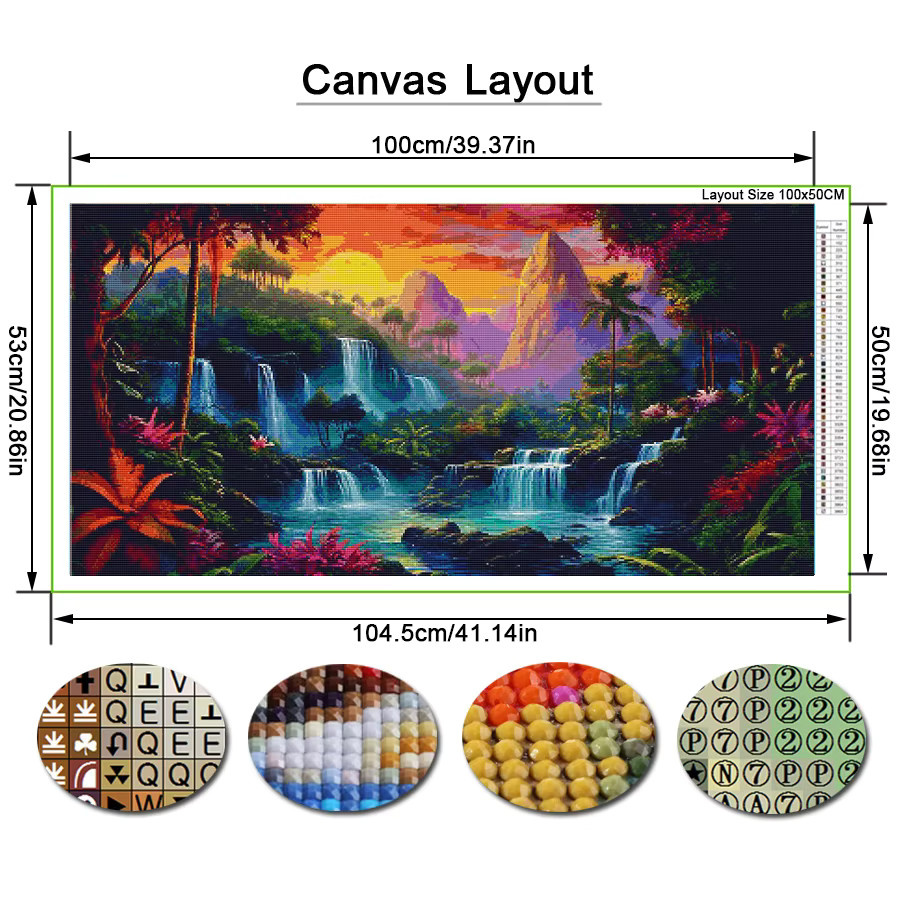 DIY Diamantmalerei Mond Berg Wasserfall Landschaft mit Blumen, Fullcang Mosaik Stickerei Bild in Multicolour, B/H: 200 x 100 cm - Bild 2
