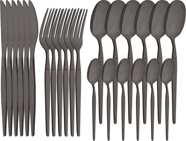 Uniturcky Besteckset aus Edelstahl in Schwarz und Silber, 24-teiliges Set bestehend aus Messern, Gabeln, Löffeln und Teelöffeln, poliert - Bild 1