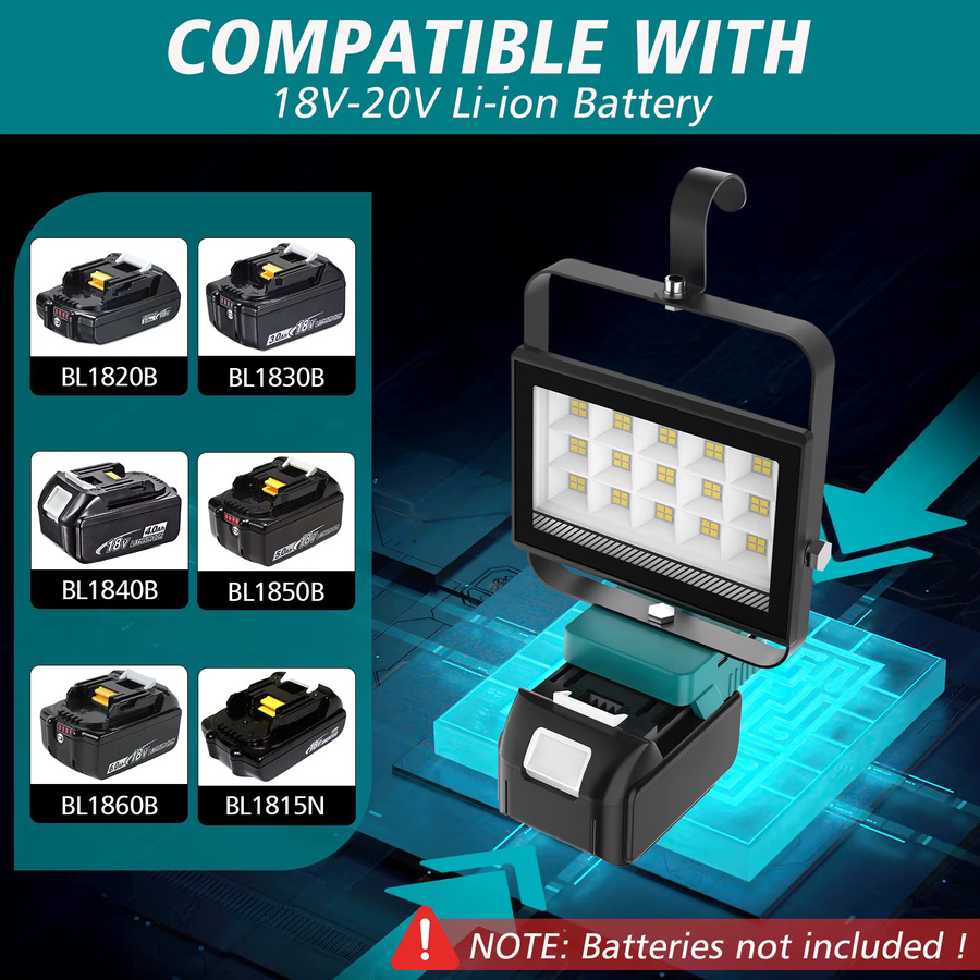 T-SUNRISE Tragbares 60-W LED-Arbeitslicht in Schwarz mit 6000 Lumen, verstellbarer Basis und Haken, wiederaufladbares LED-Flutlicht für Makita 18V-20V Li-Ionen-Akkus - Bild 6