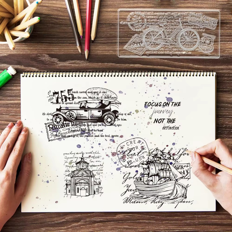 Transparenter Silikonstempel mit Retro-Motiven aus Fahrzeugen, Fahrrädern und Architektur für Vintage-Prägeeffekte - Bild 3