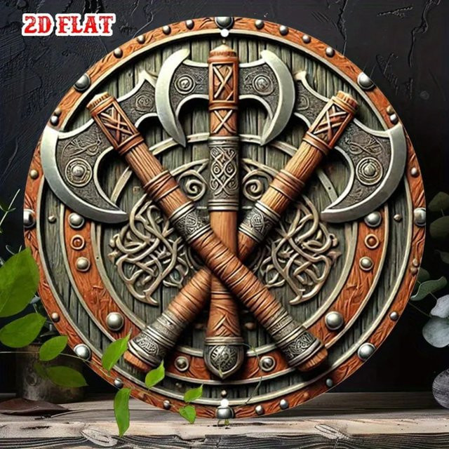Wikinger-Axt Wandkunst CIFBUY Nordisches Retro Aluminium Rundes Schild Geometrische Heimdekoration in Braun - Bild 1