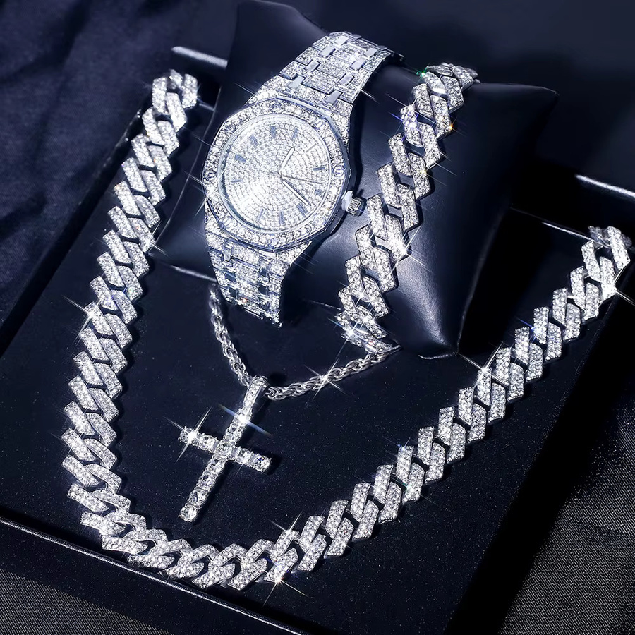 Schmuckset, Quarzuhr, Halskette mit Kreuz Anhänger, Edelstahl, Silber, Herren - Bild 2